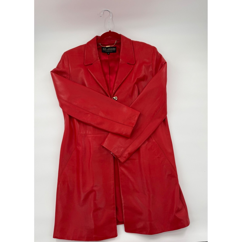 Vintage St John Coat Collection Marie Gray Red Genuine Leather Coat Women M